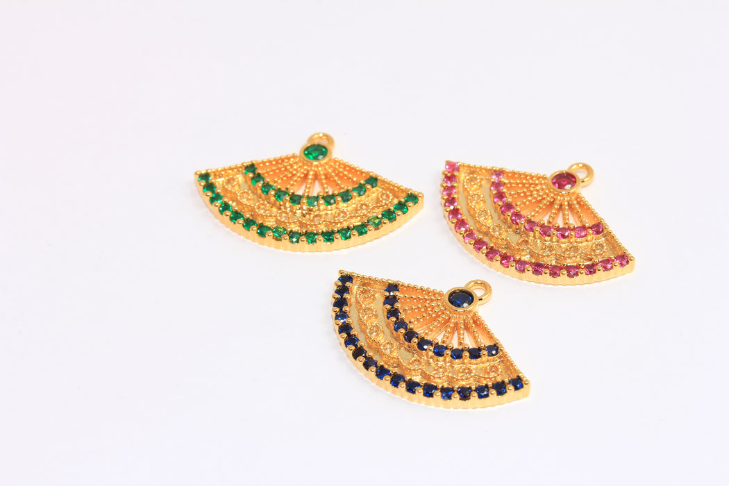 17,5x32mm 24k Shiny Gold CZ Sector Charms, Micro Pave Optional Stone Color Fan Pendant, XP