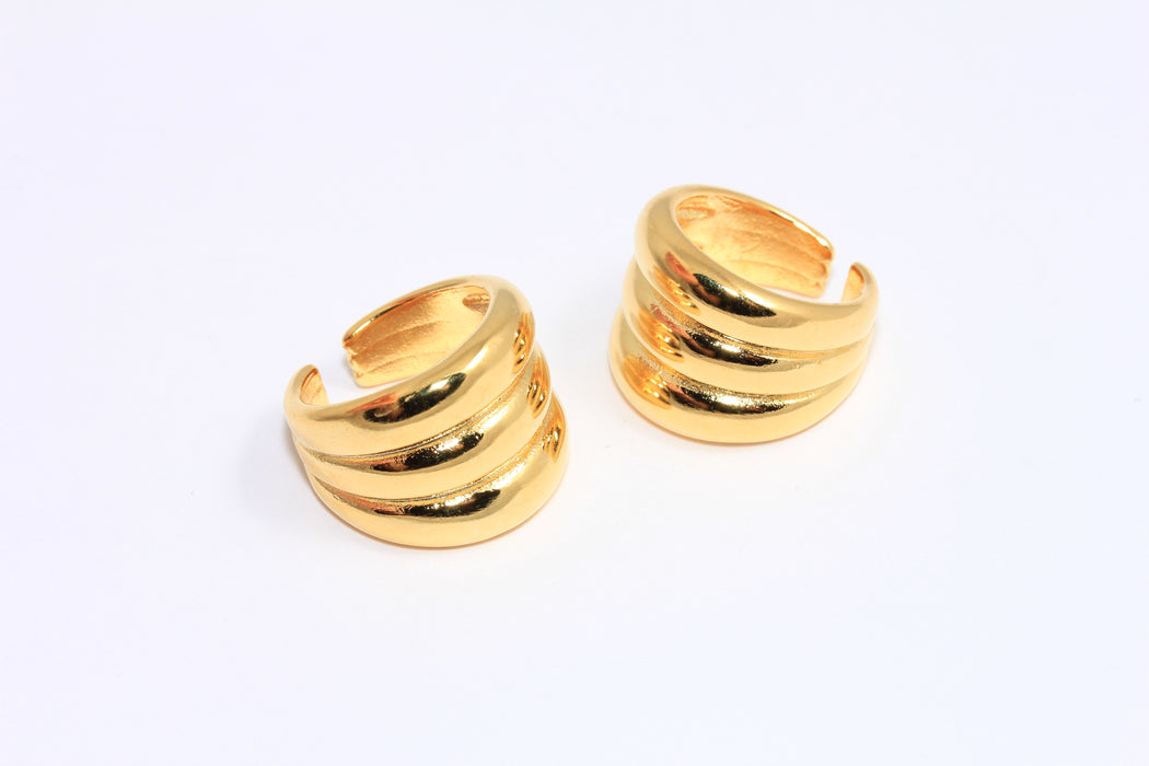 17-18mm 24k Shiny Gold Ring, Adjustable Statement Cuff, Textured String Ring, Shell Ring, BRT470