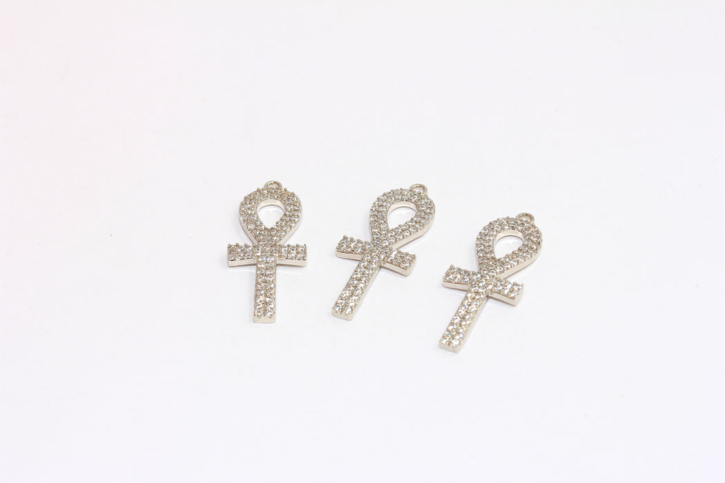 11,5x28mm Rhodium Plated Ankh Charms,  CZ Life Charm, CZ White Stone Ankh,  BRT415