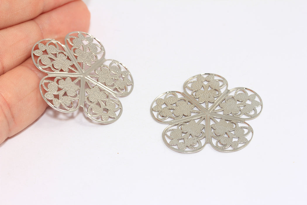 36 mm Rodyum Kaplama Çiçek Kolye, Büyük Çiçek Kolye, Filigran Çiçek Tılsımı, BRT538