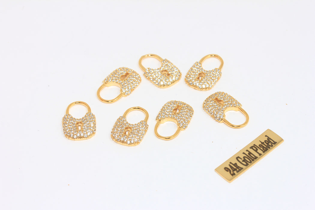 Ciondoli a forma di lucchetto in oro lucido 24k da 11x17 mm, perline con zirconi cubici, MLS388