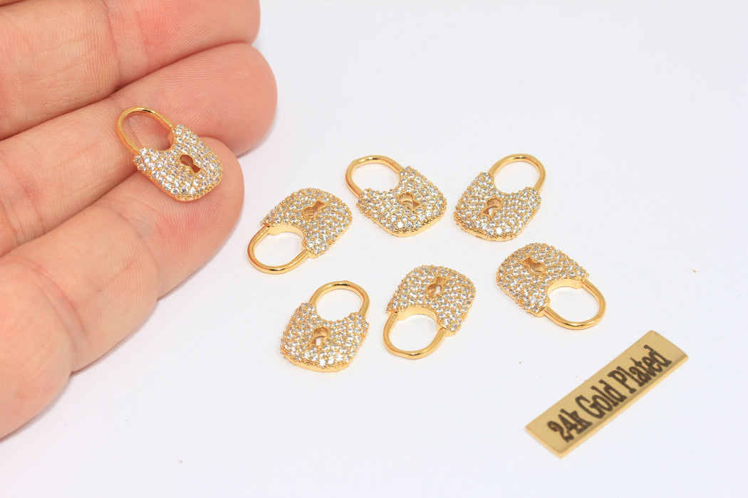 Ciondoli a forma di lucchetto in oro lucido 24k da 11x17 mm, perline con zirconi cubici, MLS388