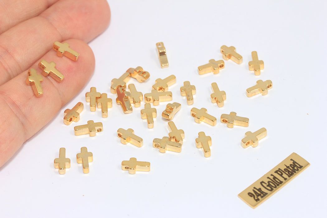5x9mm 24k Shiny Gold Cross Charms, Tiny Gold Cross Charms, MLS383