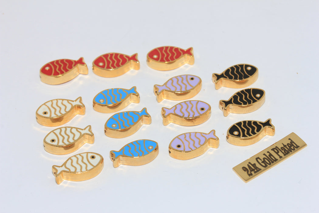 9x16mm 24 Ayar Parlak Altın Balık Boncukları, Mor Emaye Balık Boncukları, MLS194-6