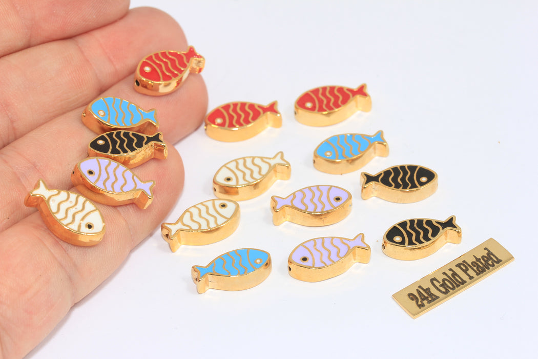 9x16mm 24 Ayar Parlak Altın Balık Boncukları, Mor Emaye Balık Boncukları, MLS194-6