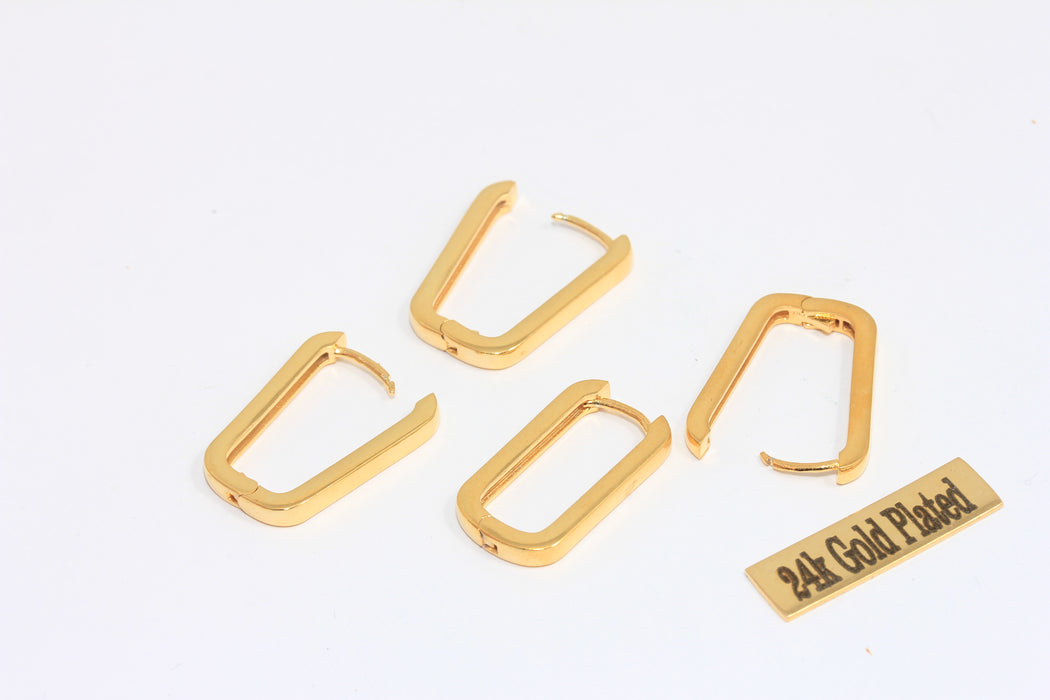 12x22mm 24k Shiny Gold Rectangle Earrings, Oval Lever Back Hoops, MLS25