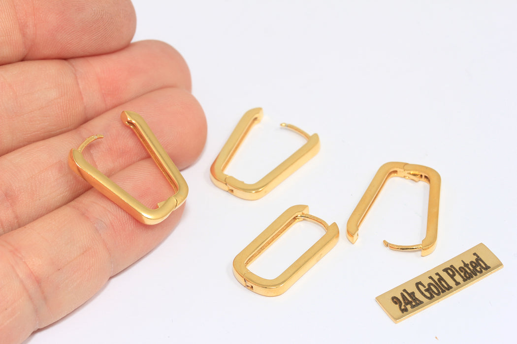 12x22mm 24k Shiny Gold Rectangle Earrings, Oval Lever Back Hoops, MLS25