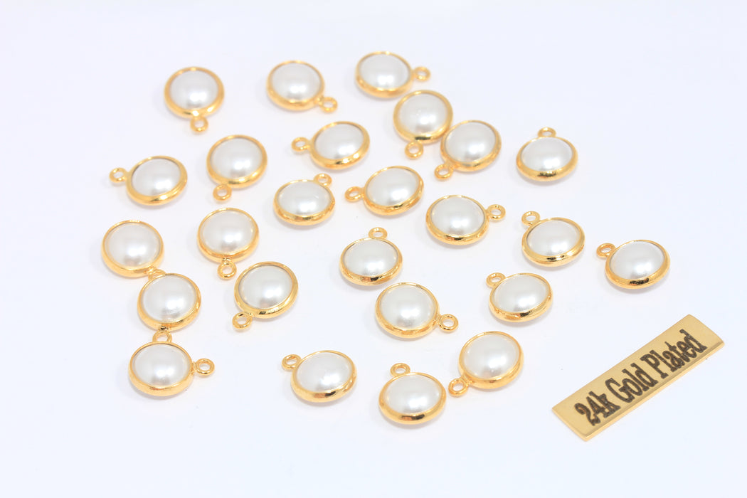 9x12mm 24k Shiny Gold Pearl Charms, Natural White Round  XP84