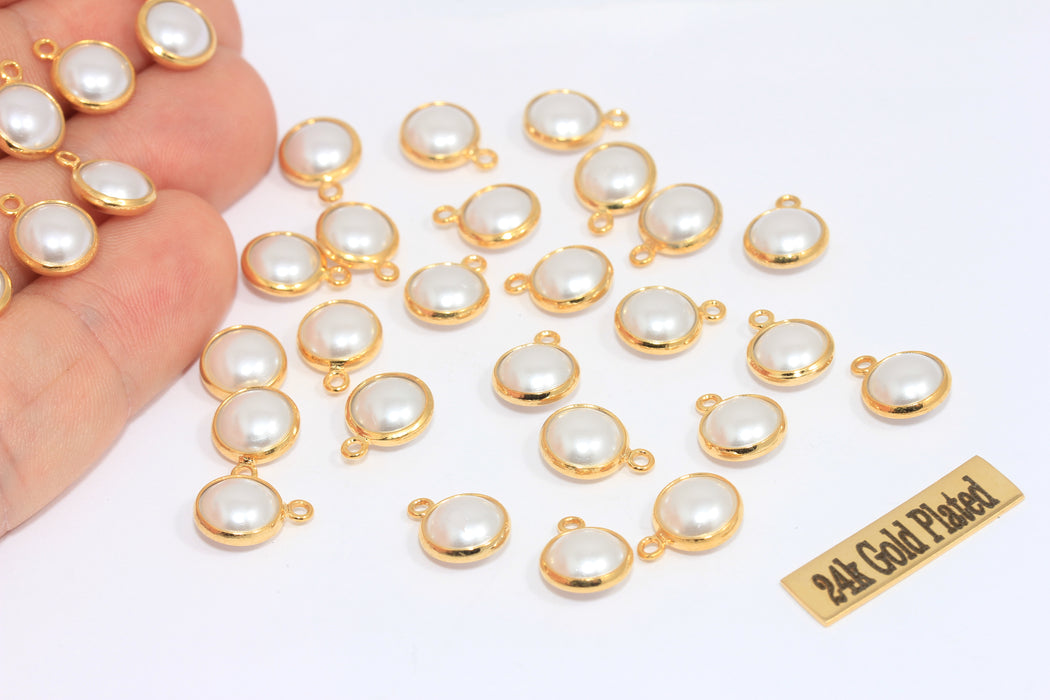 9x12mm 24k Shiny Gold Pearl Charms, Natural White Round  XP84