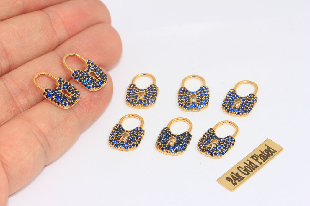 11x17mm 24k Shiny Gold Lock Charms, CZ Lock Beads,       MLS395