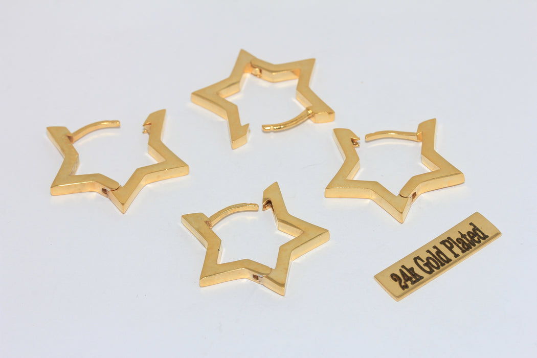 25mm 24k Shiny Gold Star Earrings, Star Shaped Lever Back Hoops, MLS182