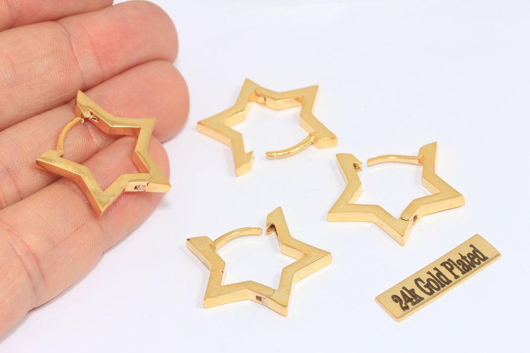 25mm 24k Shiny Gold Star Earrings, Star Shaped Lever Back Hoops, MLS182