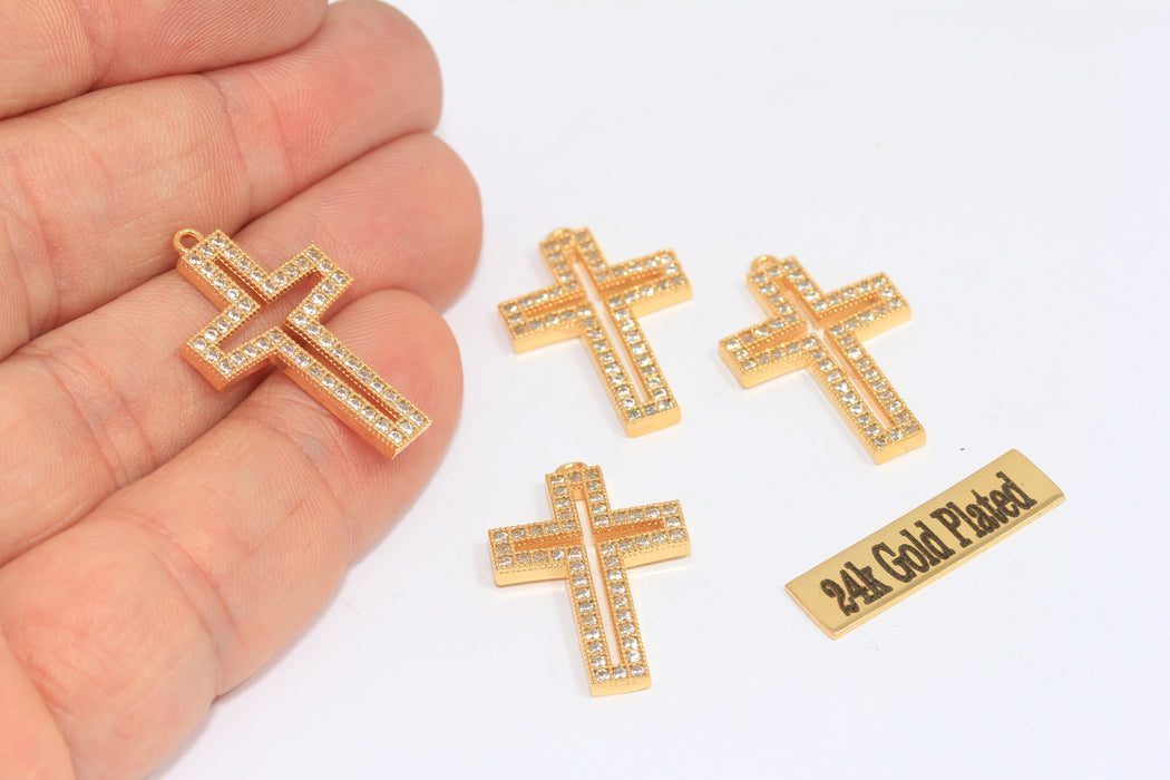16x26mm 24k Shiny Gold Cross Charms, Micro Pave Pendant,  MLS20