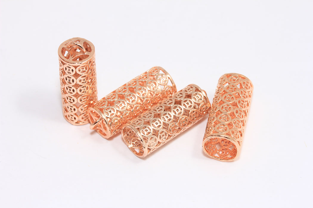 10x25 mm Gül Altın Kaplama Püskül Şapka, Filigran Püskül Şapkalar, Tüp Boncuk Şapkalar, ROSE227