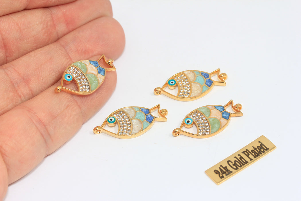 Ciondoli a forma di pesce in oro lucido 24k, 12x26 mm, micro pavé, oro MLS18