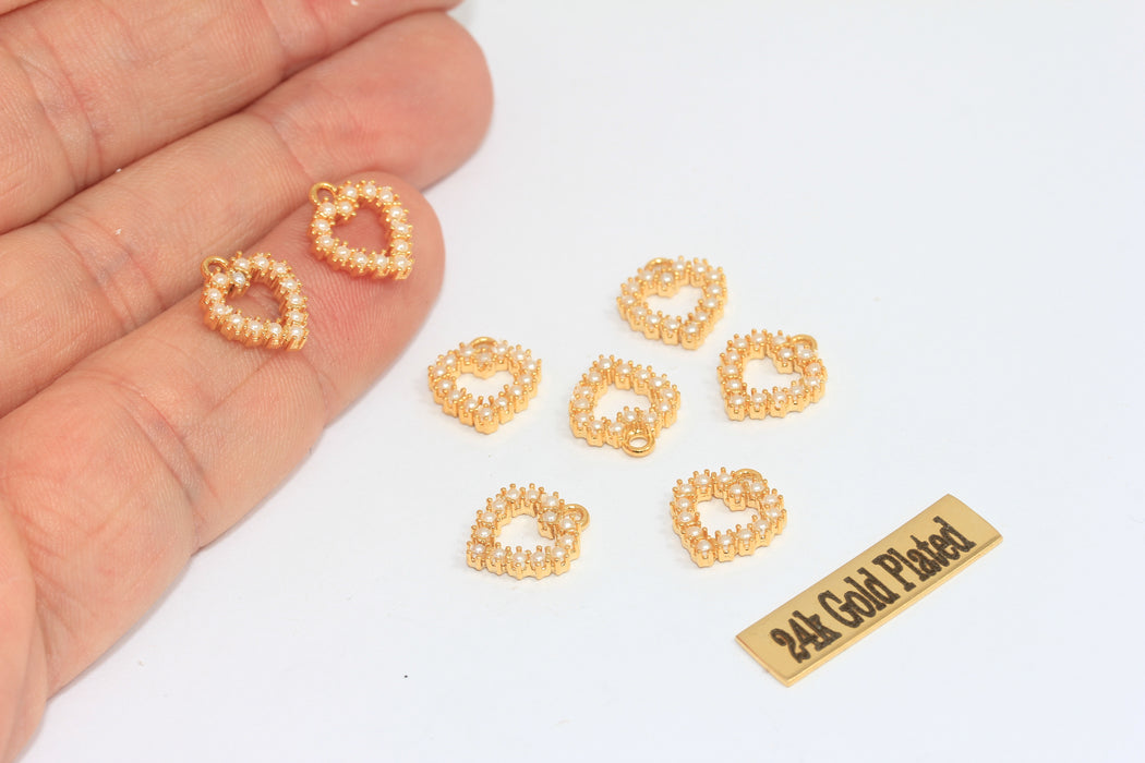 10x12mm 24k Shiny Gold Pearl Heart, Micro Pave Heart MLS275