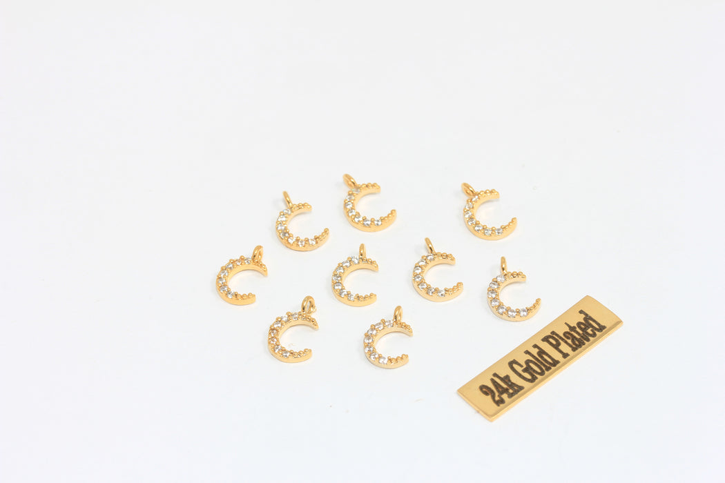 7x12mm 24k Shiny Gold Moon Charms, Micro Pave Moon  MLS296
