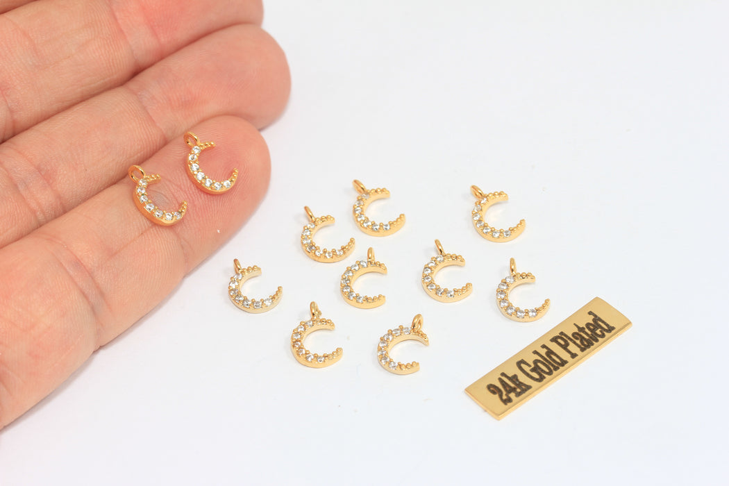 7x12mm 24k Shiny Gold Moon Charms, Micro Pave Moon  MLS296