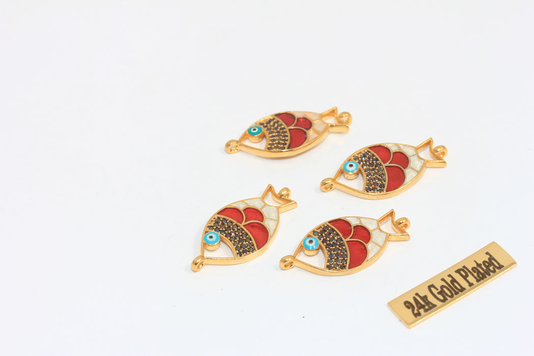 Ciondoli a forma di pesce in oro lucido 24k, 12x26 mm, micro pavé, MLS11