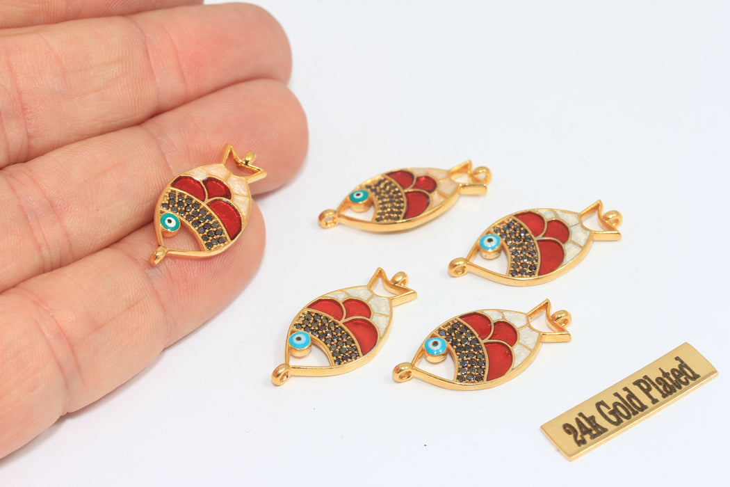 Ciondoli a forma di pesce in oro lucido 24k, 12x26 mm, micro pavé, MLS11