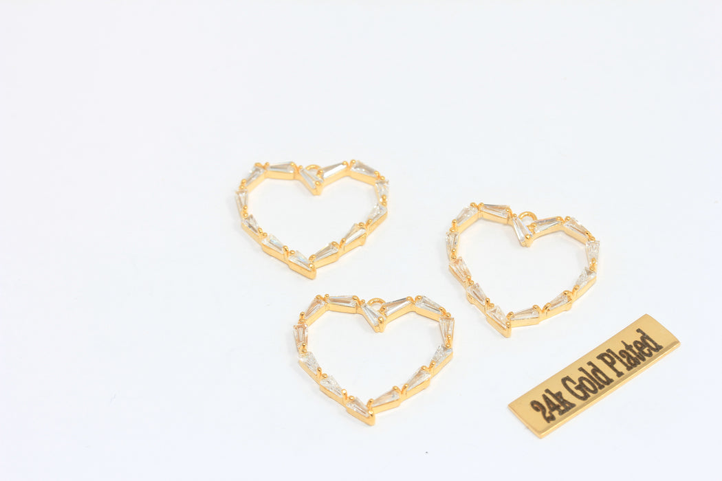 22mm 24k Shiny Gold CZ Heart Charm, Baguette Stone Heart, SLM30