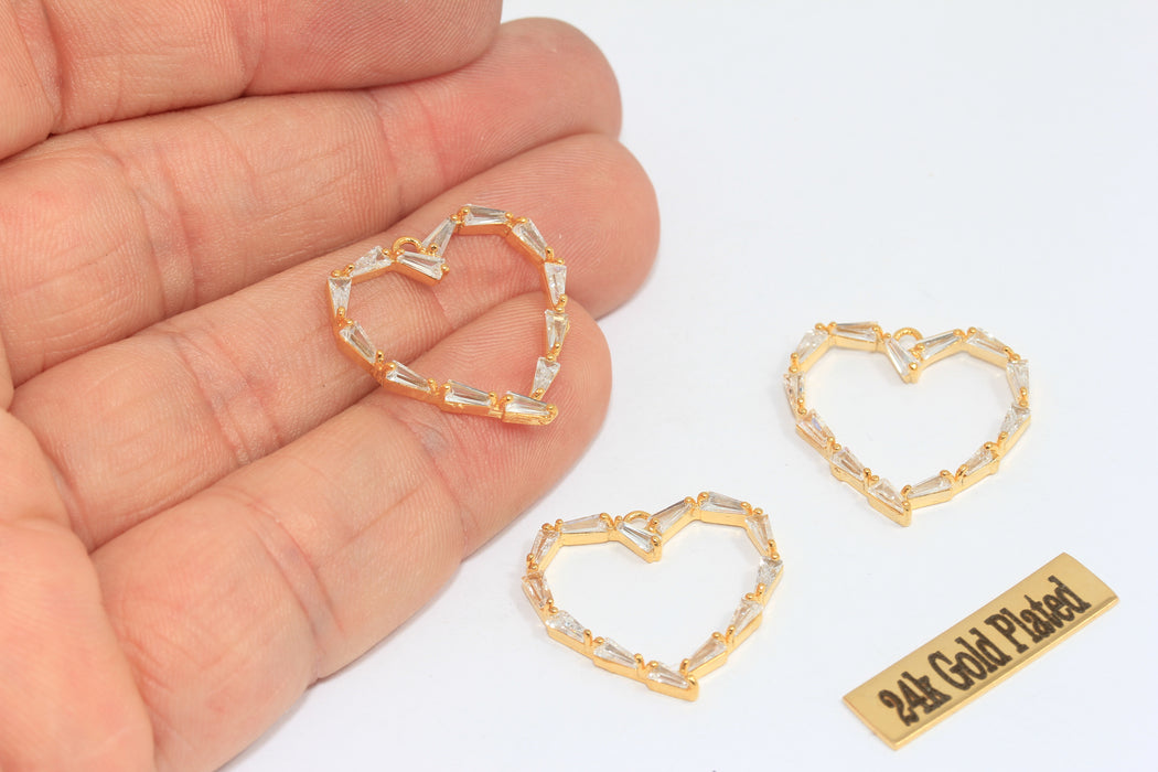 22mm 24k Shiny Gold CZ Heart Charm, Baguette Stone Heart, SLM30