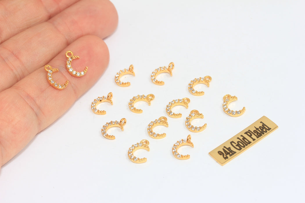 7x10mm 24k Shiny Gold Moon Charms, Micro Pave Charms, MLS16