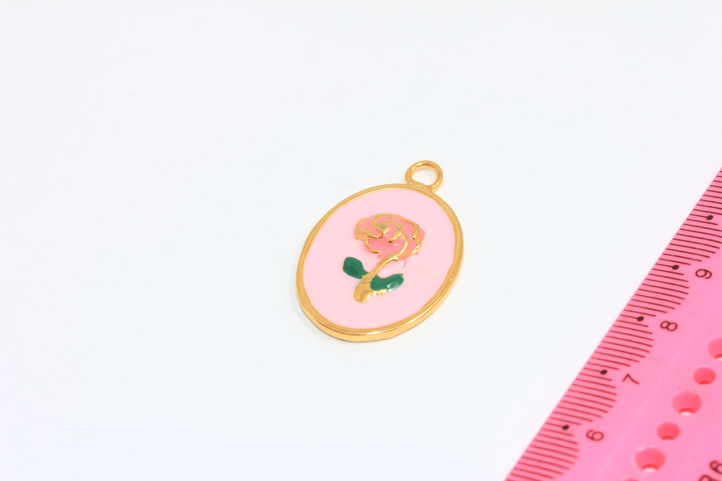 21x28mm 24k Shiny Gold Flower Medallion, Oval Medallion Necklace, Pink Enamel Rose Flower Charms, Frame Pendant Necklace, KDR170-1