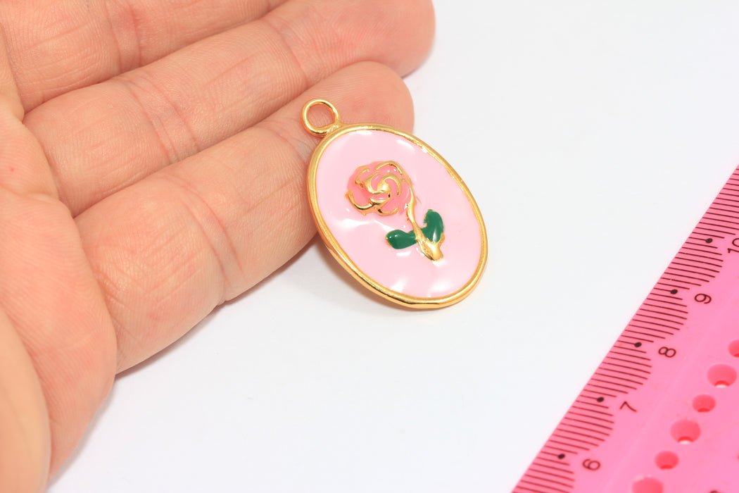 21x28mm 24k Shiny Gold Flower Medallion, Oval Medallion Necklace, Pink Enamel Rose Flower Charms, Frame Pendant Necklace, KDR170-1