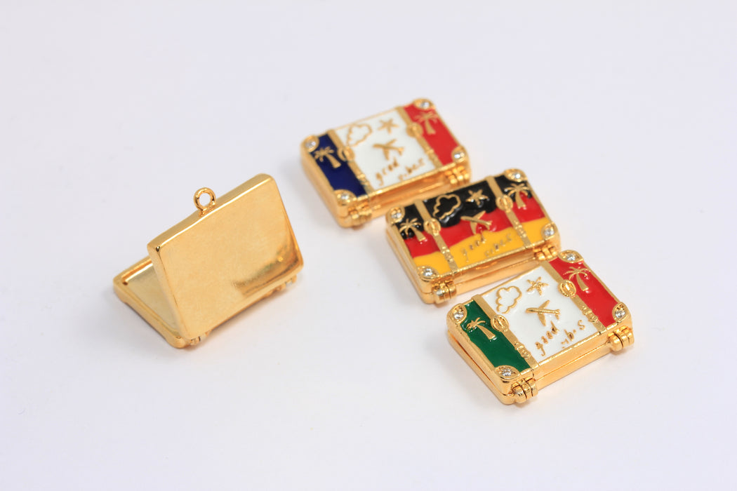 24k Shiny Gold CZ Travel Bag Charms, Enamel Travel Bag Beads, CZ Suitcase Charms, German, Italy, France Flag Necklace Pendant, MBGXP497