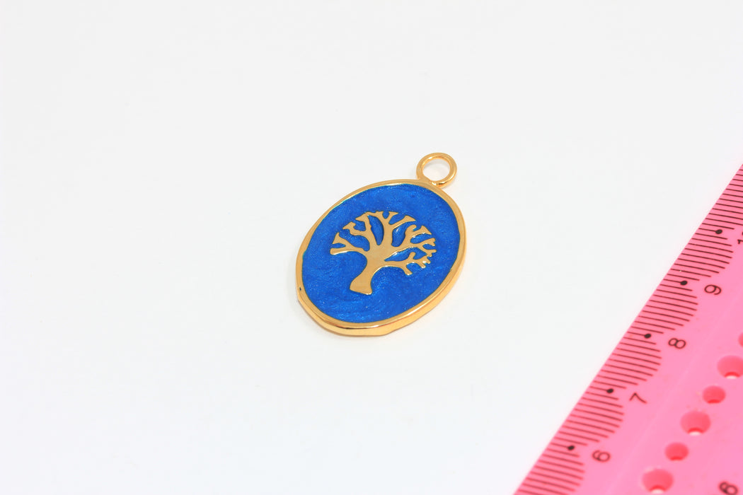 21x28mm 24k Shiny Gold Tree Medallion, Oval Medallion Necklace, Blue Enamel Tree Charms, Nature Frame Pendant Necklace, MBGKDR170-2