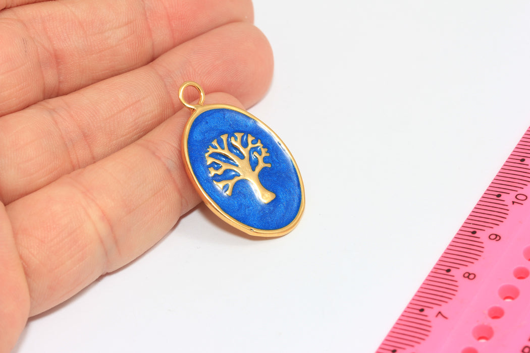 21x28mm 24k Shiny Gold Tree Medallion, Oval Medallion Necklace, Blue Enamel Tree Charms, Nature Frame Pendant Necklace, MBGKDR170-2