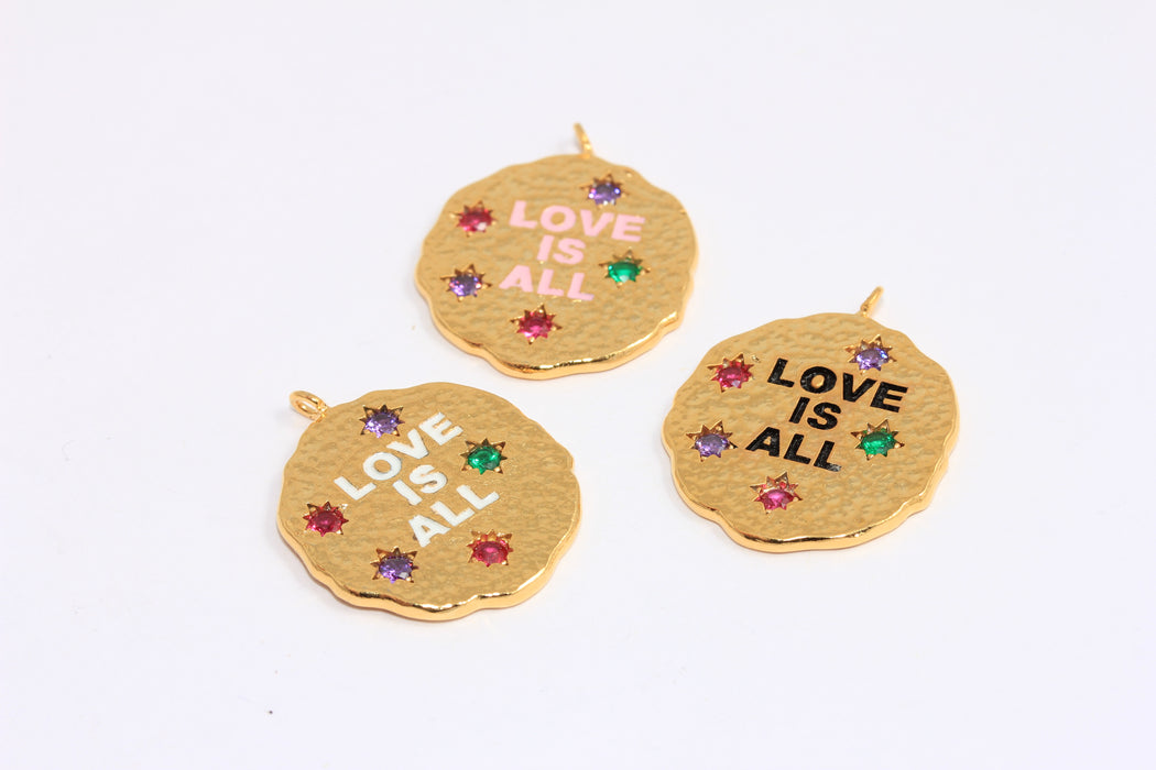 24mm 24k Shiny Gold CZ Star Charm, Love Medallion, Micro Pave Mixed Stone Star Charm, Love Is All Pendant, BRT134-2