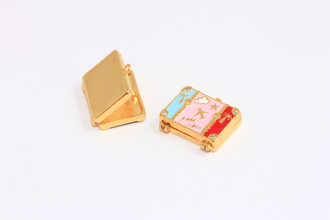 23mm 24k Shiny Gold Travel Bag Charms, Colorful Enamel Travel Bag, CZ Suitcase Charms, BRT134-1