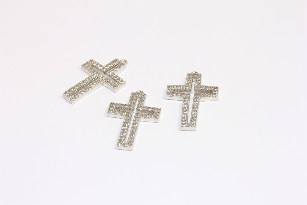 16x26 mm Rodyum Kaplamalı CZ Haç Kolye, Mikro Döşeme Beyaz Taşlı Haç Kolye, ROSE241