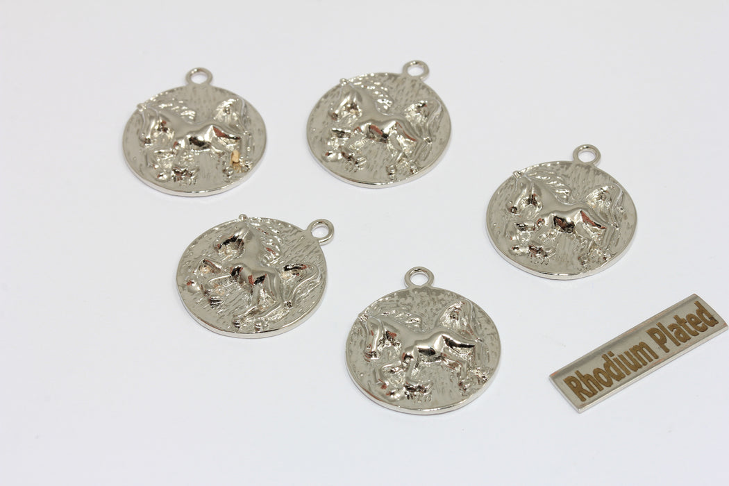 20mm Rhodium Plated Horse Pendant, Horse Medallion Charms, MGN213