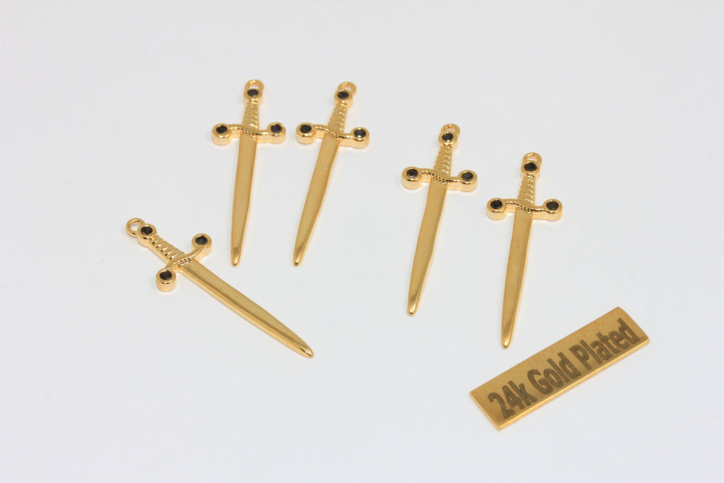 10x35mm 24k Shiny Gold Sword Pendant, CZ Black Stone Sword, MGN215