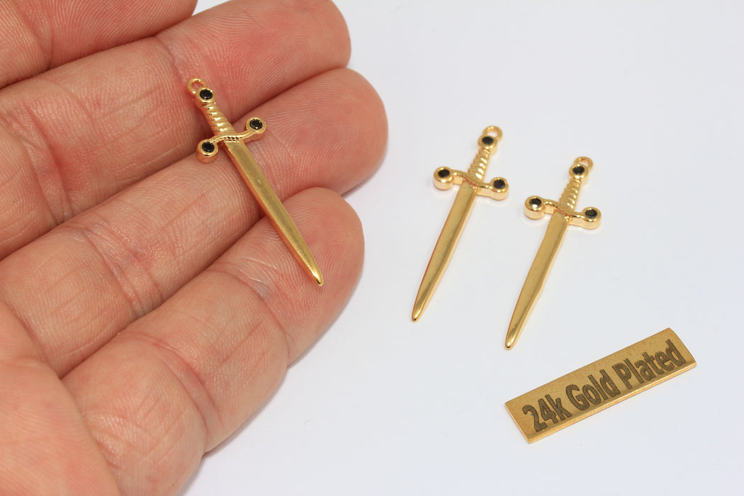10x35mm 24k Shiny Gold Sword Pendant, CZ Black Stone Sword, MGN215