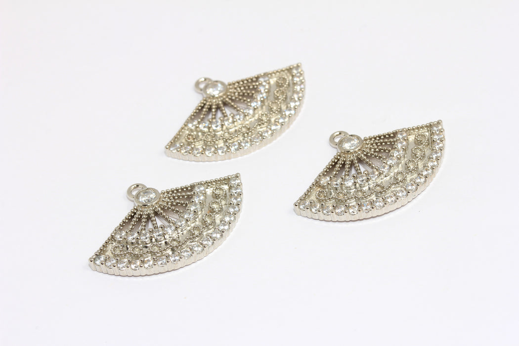 20x32mm Rhodium Plated CZ Sector Charms, Micro Pave White Stone Color Fan Pendant, ROSE247-1