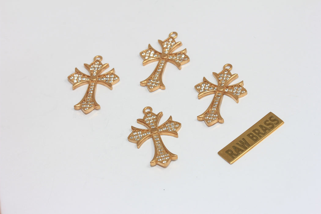 19x29mm Raw Brass CZ Cross Charms, Micro Pave Cross Pendant, MGN197