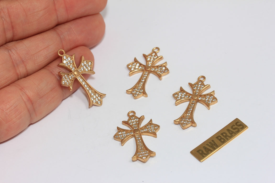 19x29mm Raw Brass CZ Cross Charms, Micro Pave Cross Pendant, MGN197