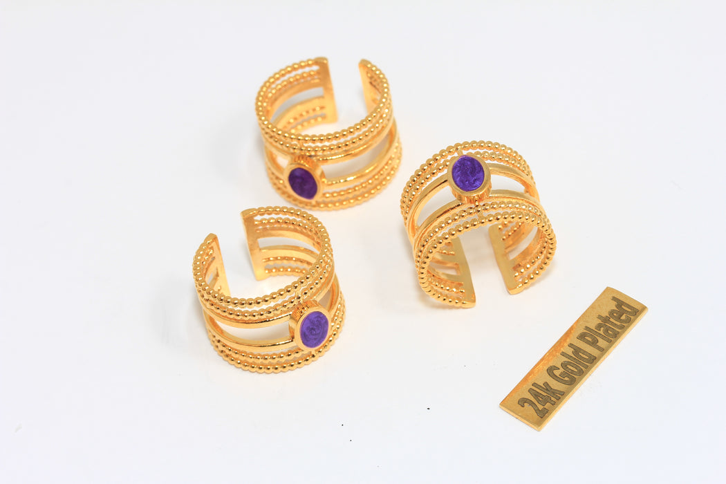 17-18mm 24k Shiny Gold Rings, Blue Drop Enamel Rings, Statement Rings, Triple Layered Band Rings, MGN209