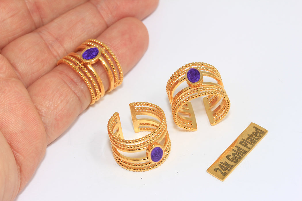 17-18mm 24k Shiny Gold Rings, Blue Drop Enamel Rings, Statement Rings, Triple Layered Band Rings, MGN209