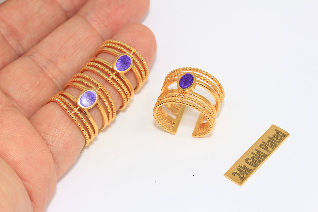 17-18mm 24k Shiny Gold Rings, Blue Drop Enamel Rings, Statement Rings, Triple Layered Band Rings, MGN209