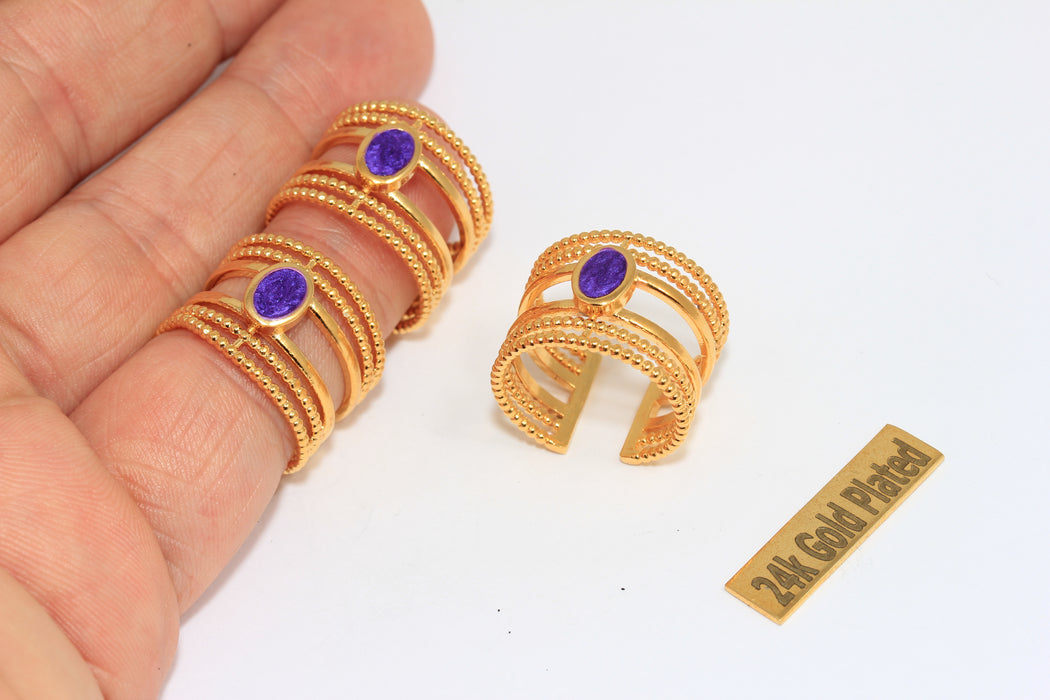 17-18mm 24k Shiny Gold Rings, Blue Drop Enamel Rings, Statement Rings, Triple Layered Band Rings, MGN209