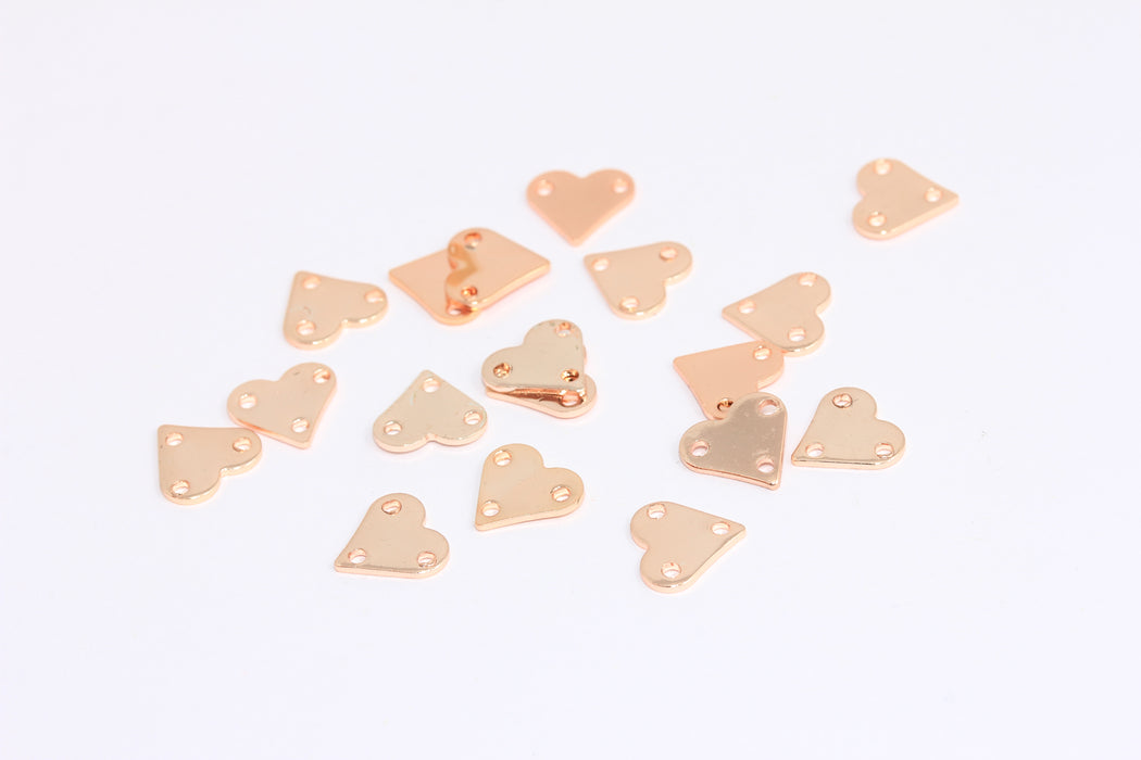 9mm Rose Gold Plated Heart Charms, Heart Coins, Three Hole Heart Beads, Connector Charms, ROSE451