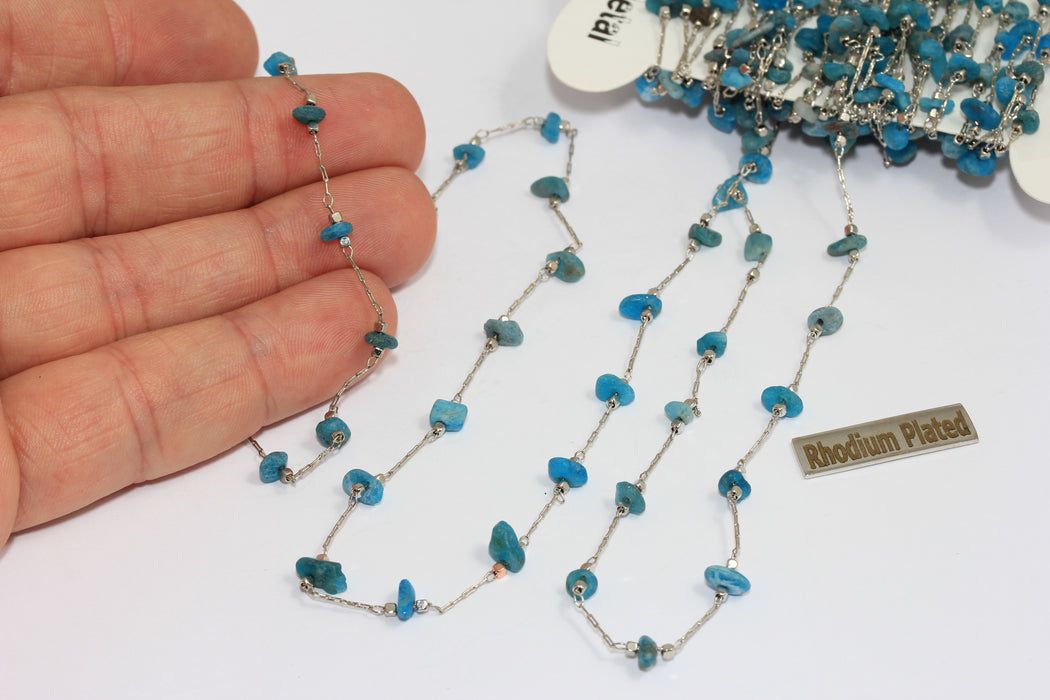 Rhodium Plated Chain, Rosary Beaded Blue Stone Necklace Chain, BXB196-9