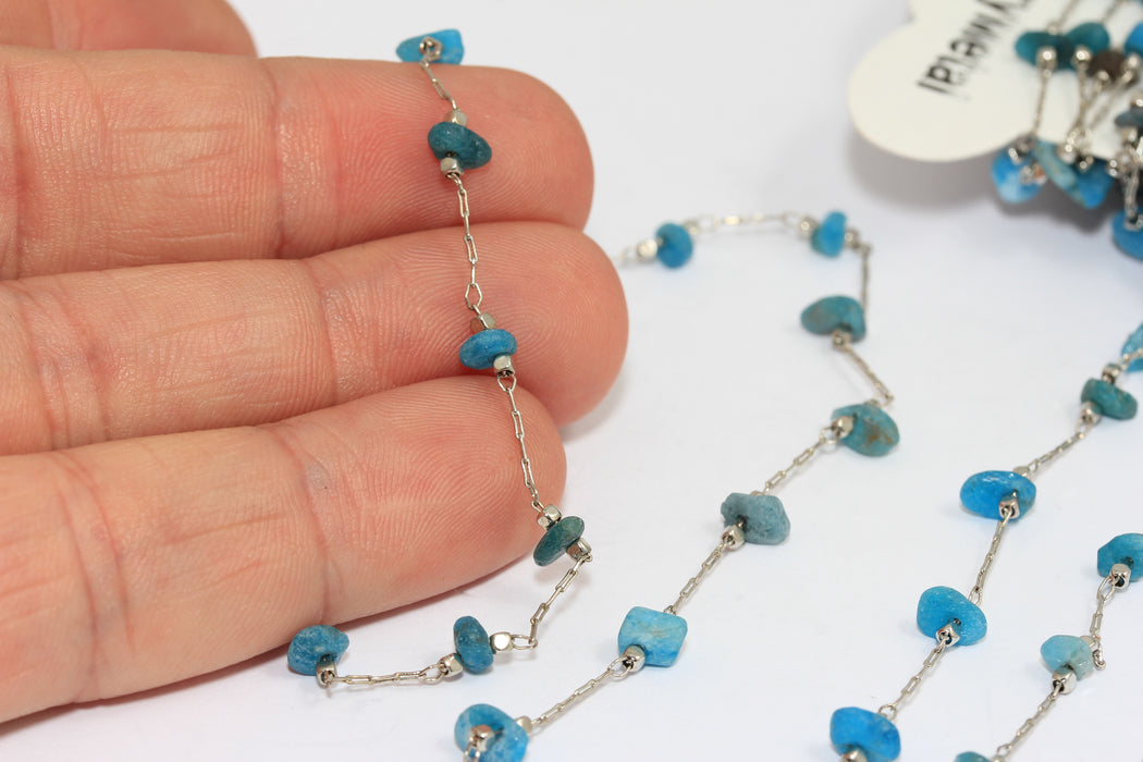 Rhodium Plated Chain, Rosary Beaded Blue Stone Necklace Chain, BXB196-9