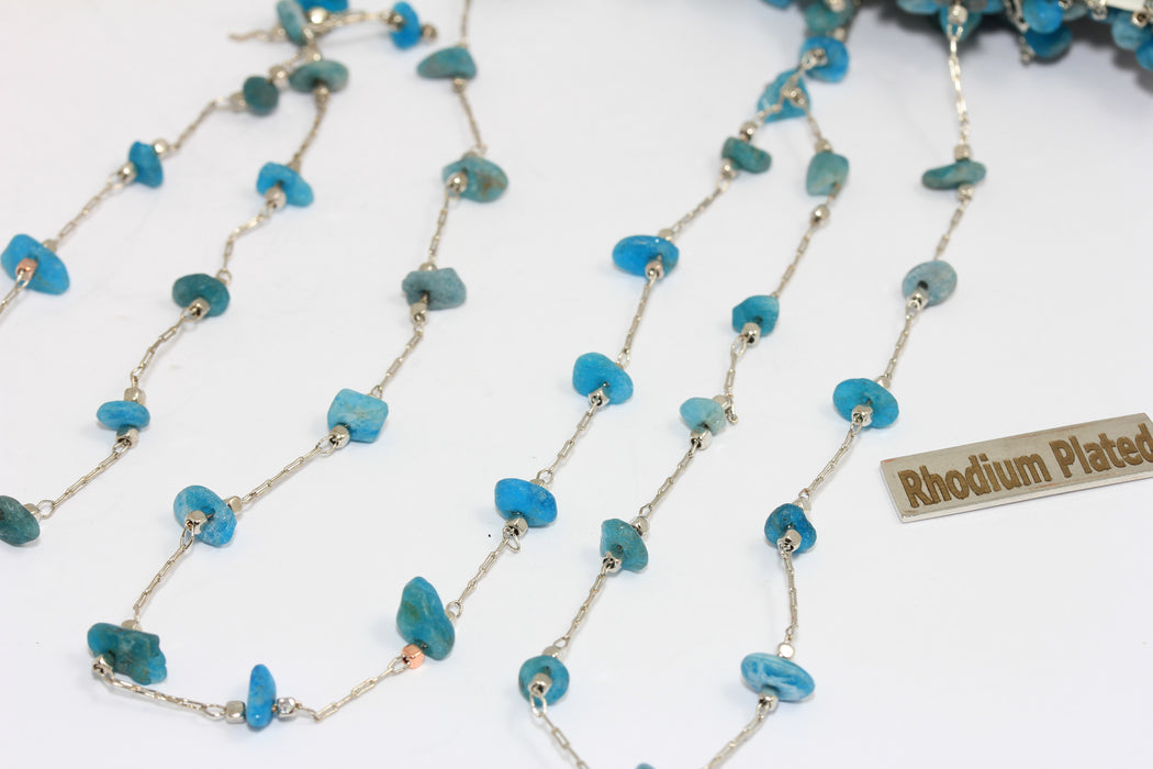 Rhodium Plated Chain, Rosary Beaded Blue Stone Necklace Chain, BXB196-9