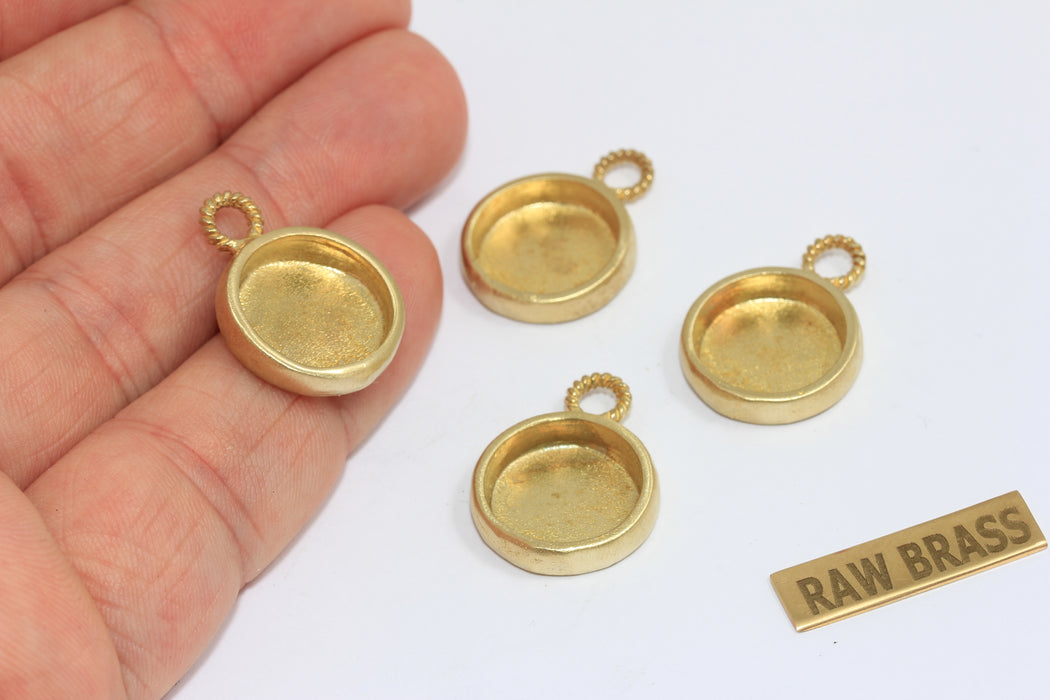 14mm Inner Size Raw Brass Frame Bezel Medallion Charms, Cabochon Settings, MGN204